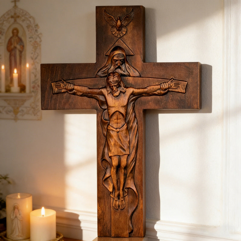 Hand-Carved Beechwood Holy Trinity Crucifix Wall Cross – Christian Home ...