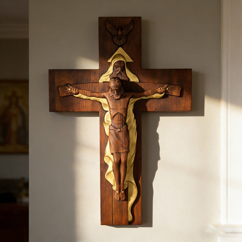 Hand-Carved Beechwood Holy Trinity Crucifix Wall Cross – Christian Home ...