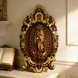Religious gift with rich details of the wooden statue of Our Lady of Guadalupe