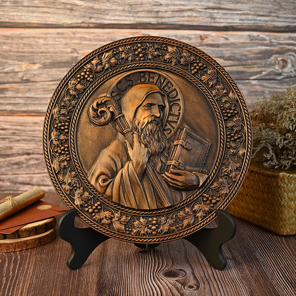 Saint Benedict religious icon, natural wood carved wall decoration