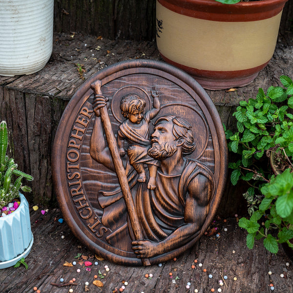 St.Christopher Christian Wood Carving Plaque/The patron saint of travelers