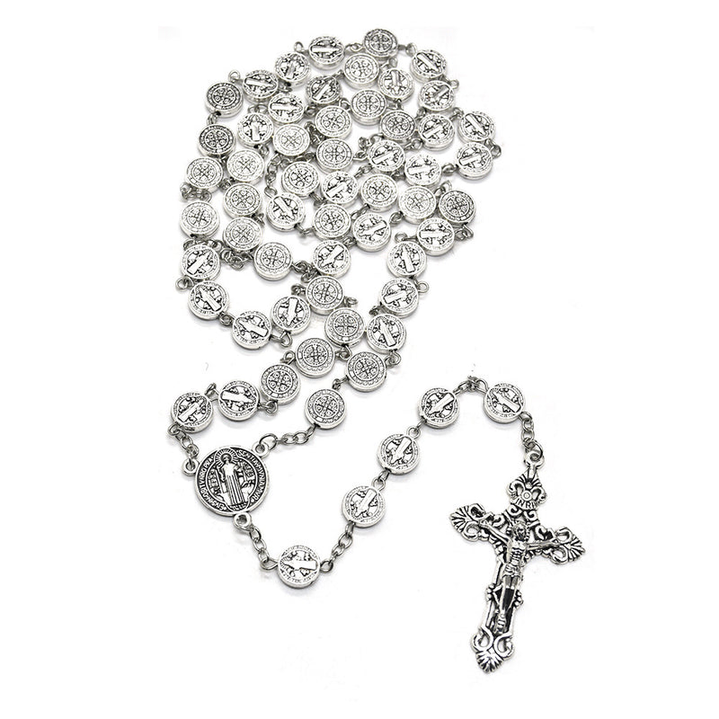 Vintage Silver Saint Benedict Rosary Necklace