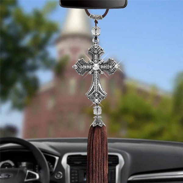 Crystal Diamond Car Rearview Mirror Cross Pendant - BGCOPPER