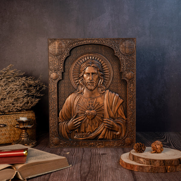 Our Lord Jesus Sacred Heart Wood Carving - Christian Catholic Personalized Carving Gift