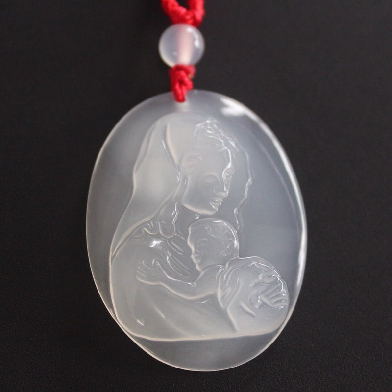 Natural White Chalcedony Virgin Mary Holding Baby Jesus pendant