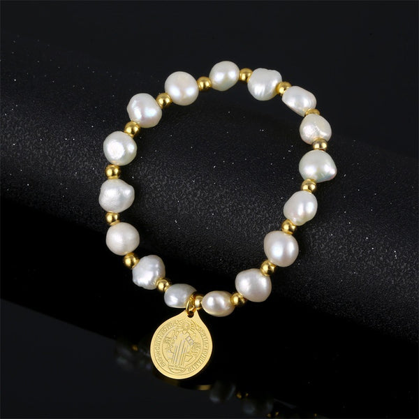 Saint Benedict Medal Irregular Pearl Bracelet - Adjustable Size