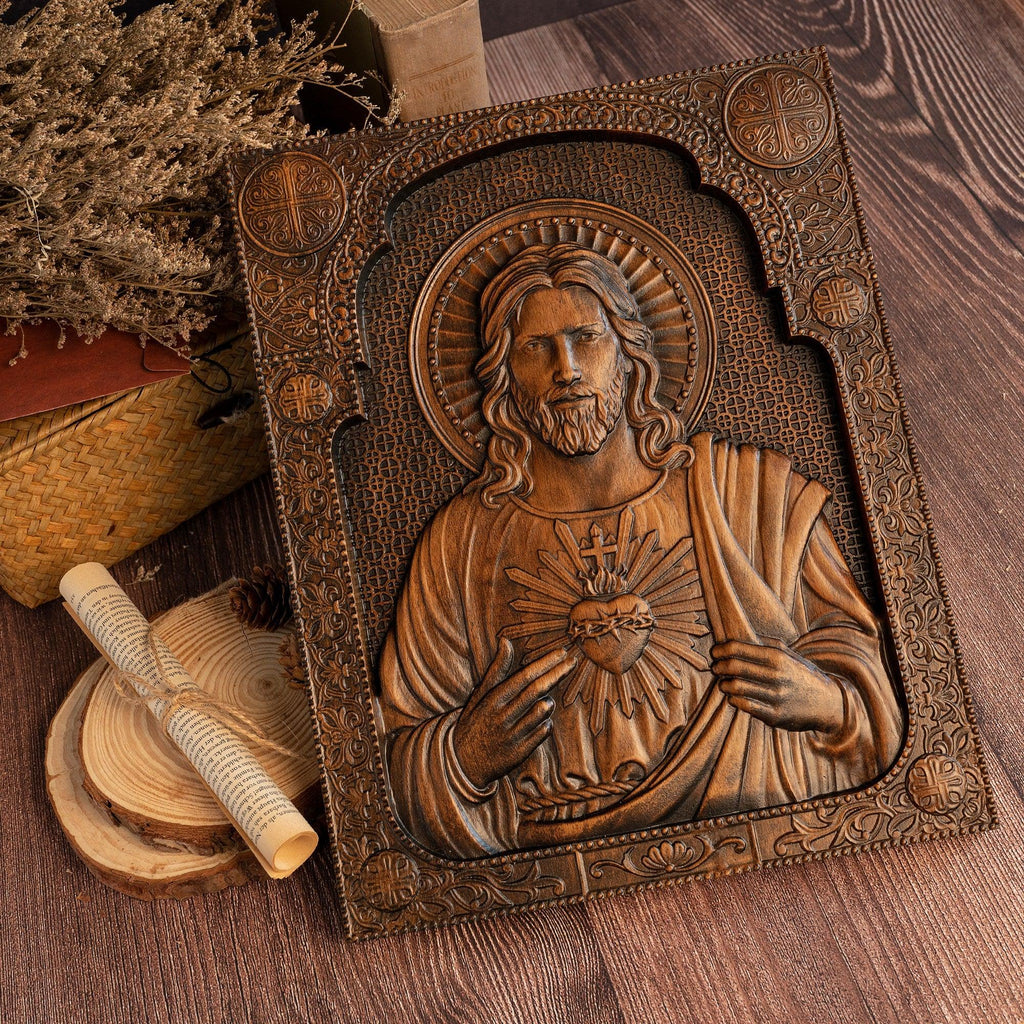 Our Lord Jesus Sacred Heart Wood Carving - Christian Catholic Personal – BGCOPPER