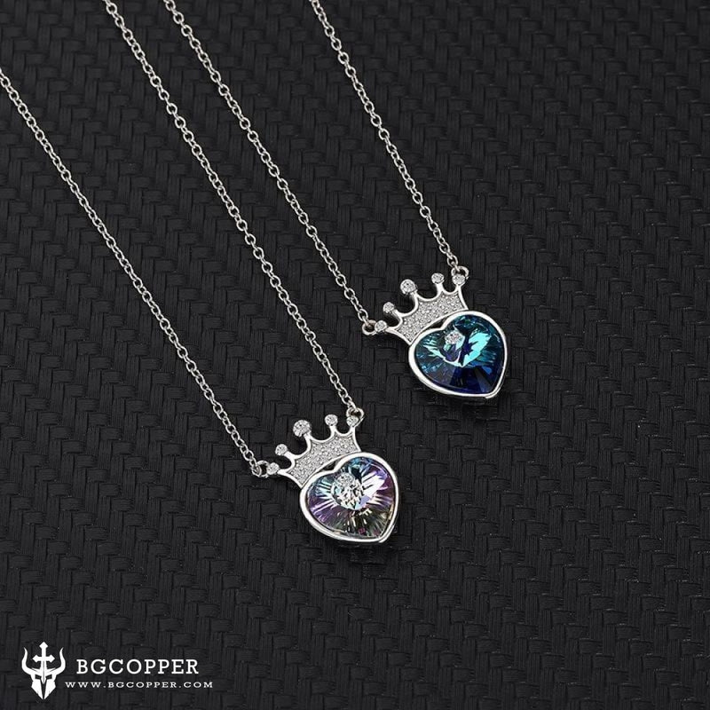 S925 Sterling Silver Crown Necklace Eternal Heart Crystal Pendant - BGCOPPER