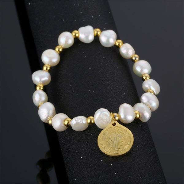 Saint Benedict Medal Irregular Pearl Bracelet - Adjustable Size