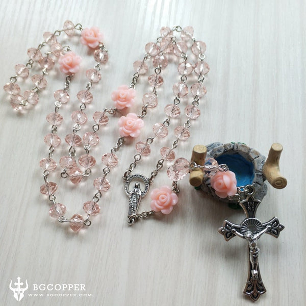 Pink Crystal Beads Rosary Catholic Necklace
