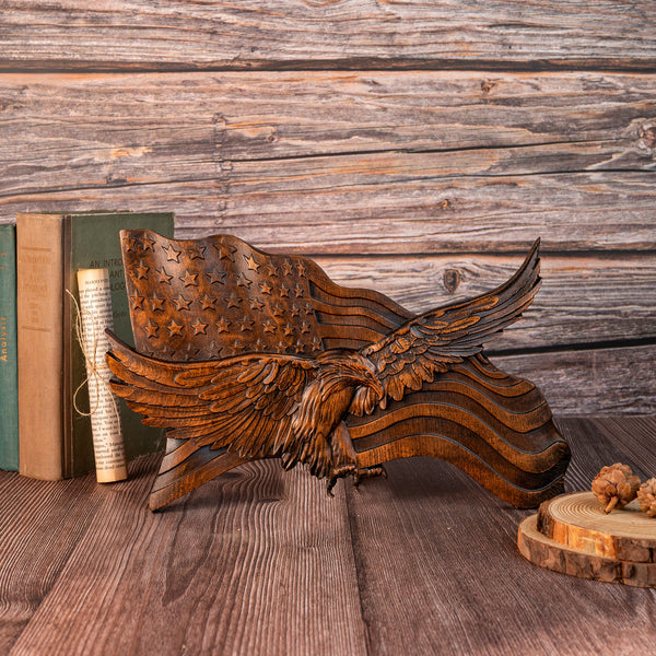 American flag with eagle wooden sign, eagle flag wood carving wall decoration, 3D engraving USA flag and bald eagle
