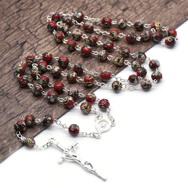 Catholic Red Cloisonne Glass Rosary