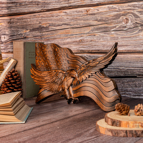 American flag with eagle wooden sign, eagle flag wood carving wall decoration, 3D engraving USA flag and bald eagle