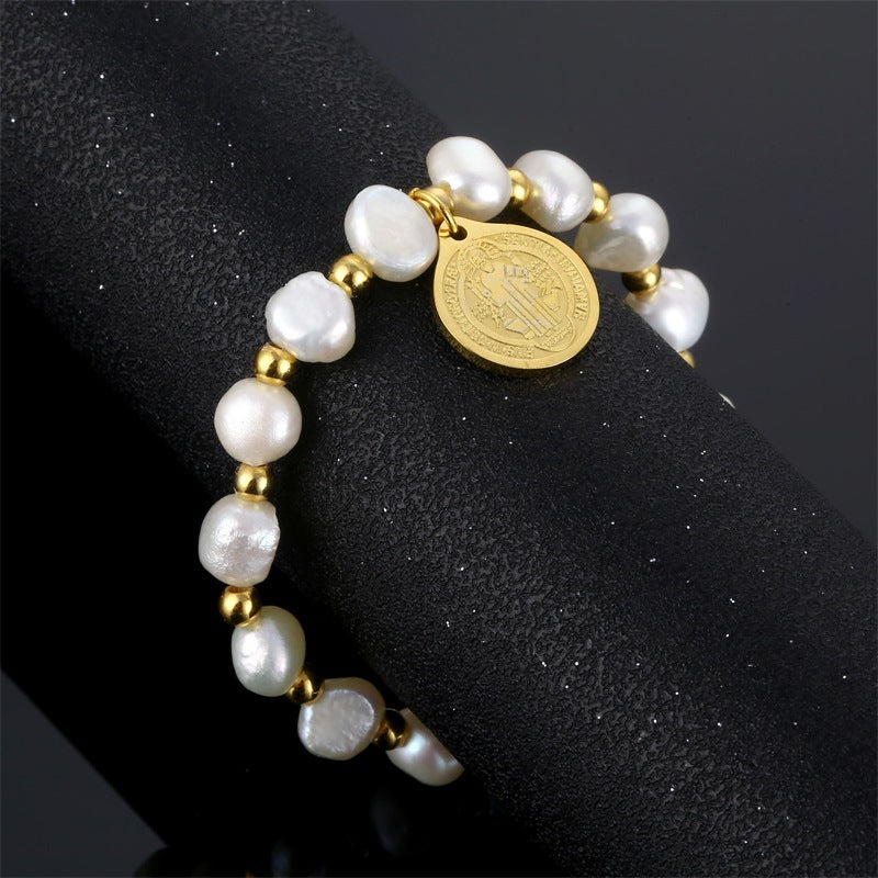 Saint Benedict Medal Irregular Pearl Bracelet - Adjustable Size