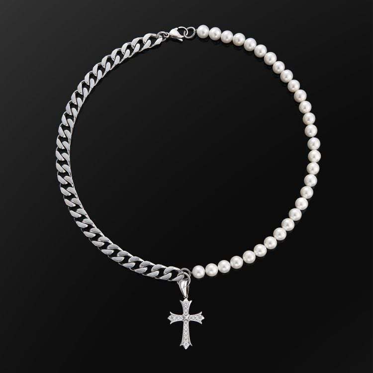 Cuban Chain Panel Pearl Cross Necklace