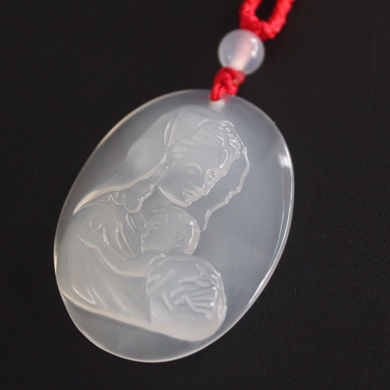 Natural White Chalcedony Virgin Mary Holding Baby Jesus pendant