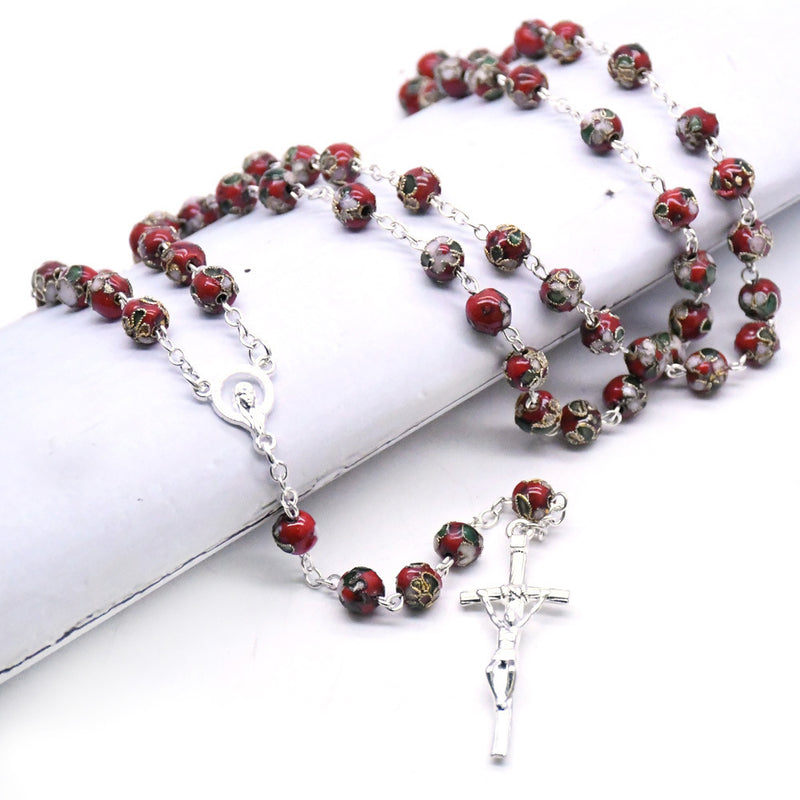 Catholic Red Cloisonne Glass Rosary