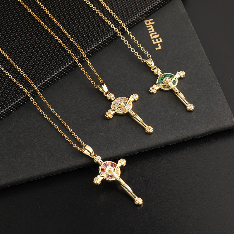 Creative design niche copper micro-set color zircon cross necklace pendant Europe and the United States