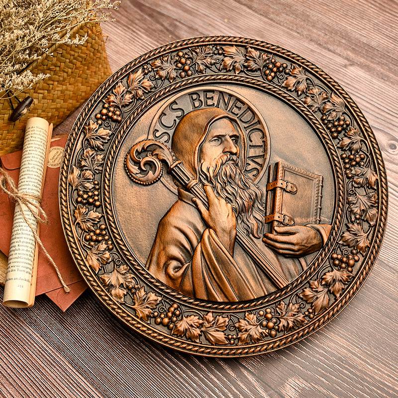Saint Benedict religious icon, natural wood carved wall decoration