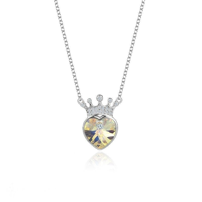 S925 Sterling Silver Crown Necklace Eternal Heart Crystal Pendant - BGCOPPER