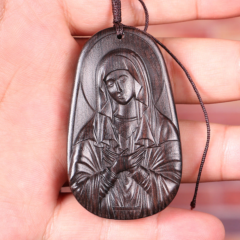 Ebony Virgin Mary Wood Carved Pendant
