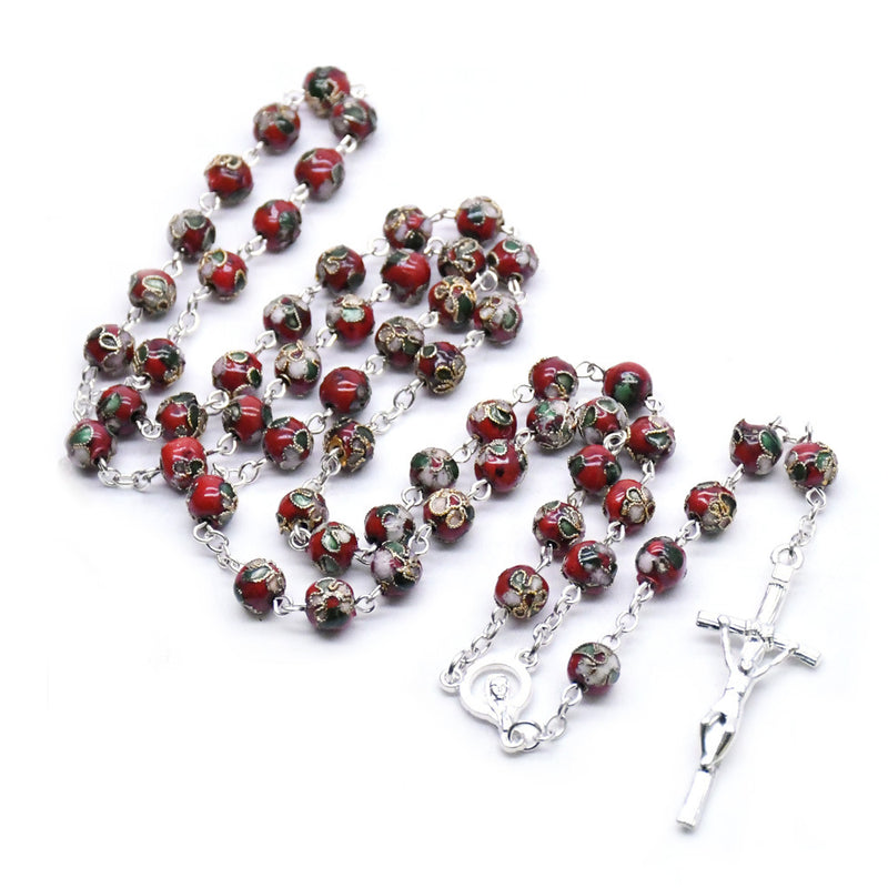 Catholic Red Cloisonne Glass Rosary