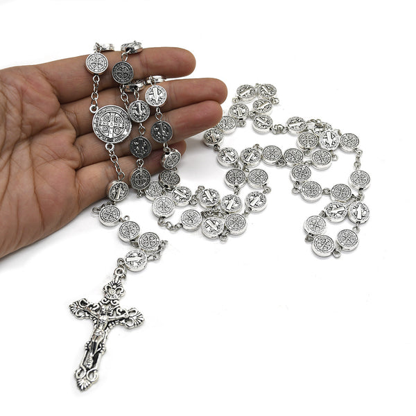 Vintage Silver Saint Benedict Rosary Necklace