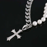 Cuban Chain Panel Pearl Cross Necklace