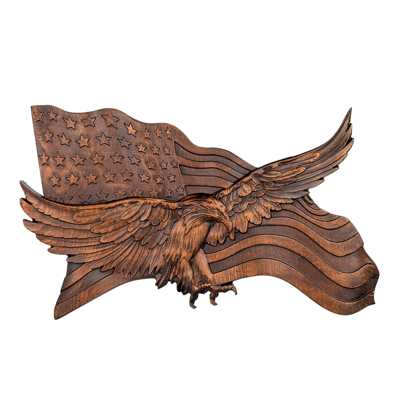 American flag with eagle wooden sign, eagle flag wood carving wall decoration, 3D engraving USA flag and bald eagle