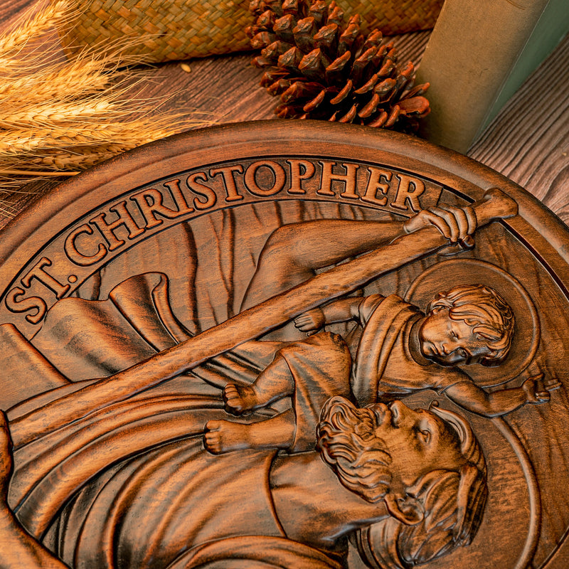 St.Christopher Christian Wood Carving Plaque/The patron saint of travelers