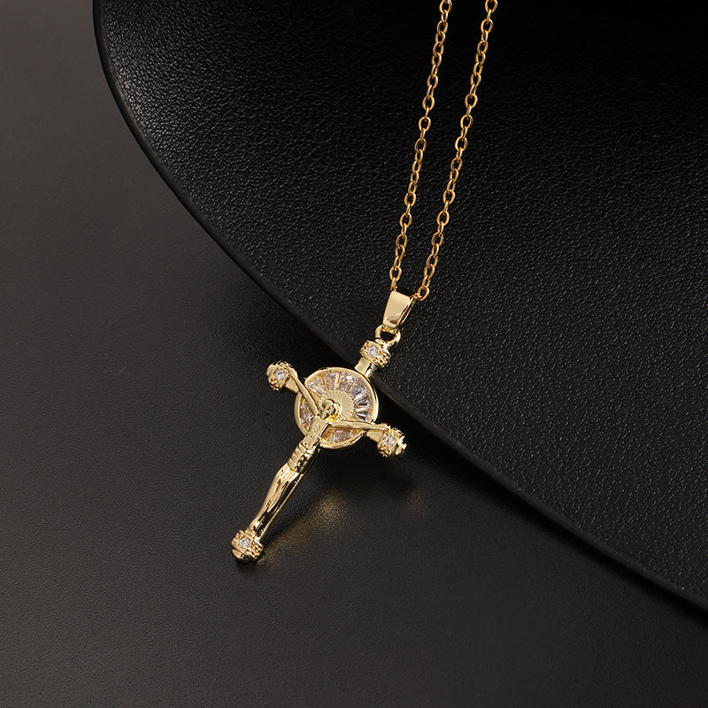 Creative design niche copper micro-set color zircon cross necklace pendant Europe and the United States