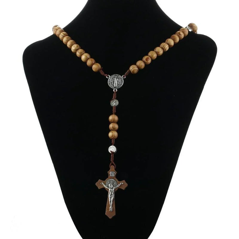 Catholic Olive Wood Rosary Necklace - 24 Inch Prayer Beads With Cross, St. Benedict Medallion, Religious Jewelry For Men & Women