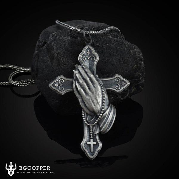 Pure Tin Praying Hand and Crucifix Pendant Necklace - BGCOPPER