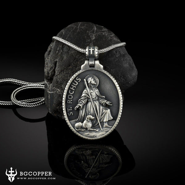 Pure Tin St. Rochus Medallion Necklace，The patron saint of dogs, plagues,bachelors, sick cows, the disabled,  surgeons,pilgrims,   falsely accused people,pharmacists. - BGCOPPER