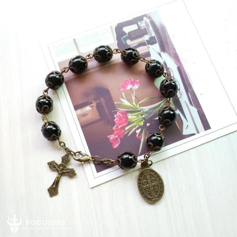 Vintage Saint Benedict Medal Cross Rosary Bracelet - BGCOPPER