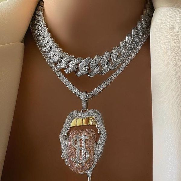 Iced Out Bling CZ Cubic Zirconia Tongue Pendant