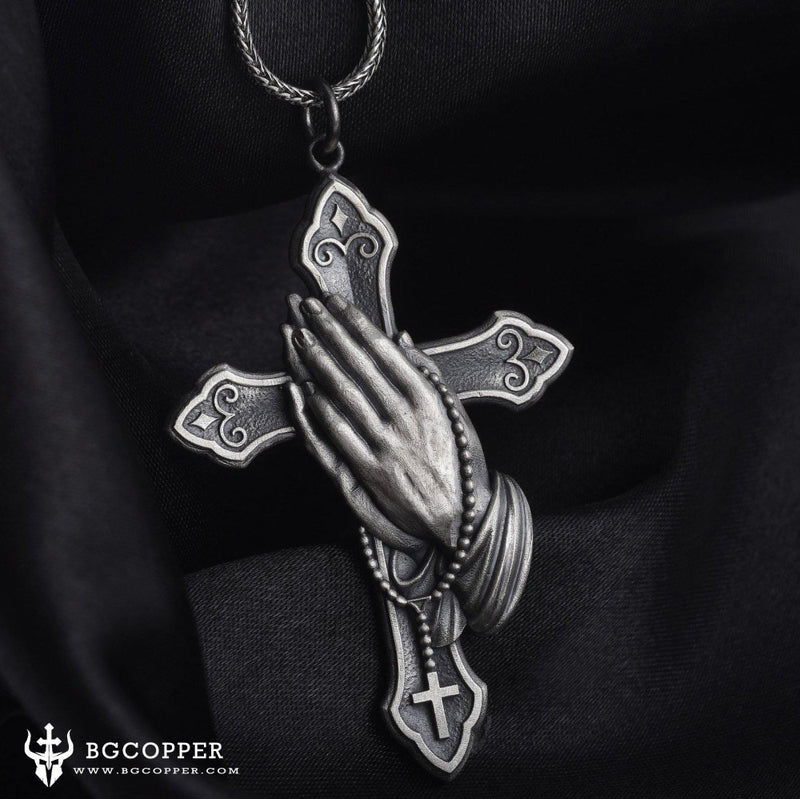 Pure Tin Praying Hand and Crucifix Pendant Necklace - BGCOPPER