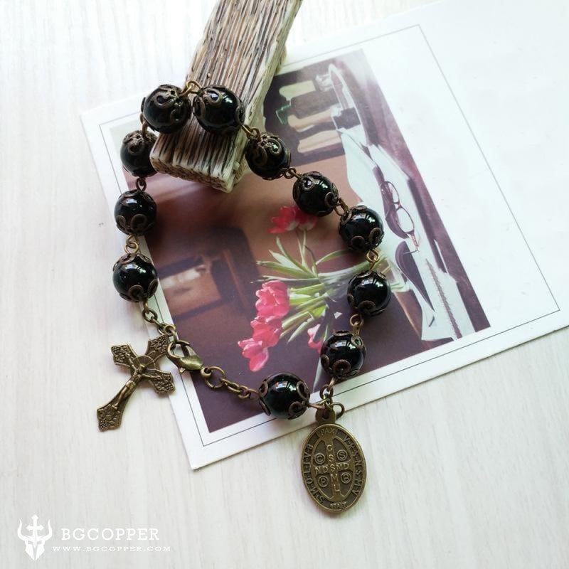 Vintage Saint Benedict Medal Cross Rosary Bracelet - BGCOPPER