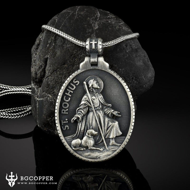 Pure Tin St. Rochus Medallion Necklace，The patron saint of dogs, plagues,bachelors, sick cows, the disabled,  surgeons,pilgrims,   falsely accused people,pharmacists. - BGCOPPER