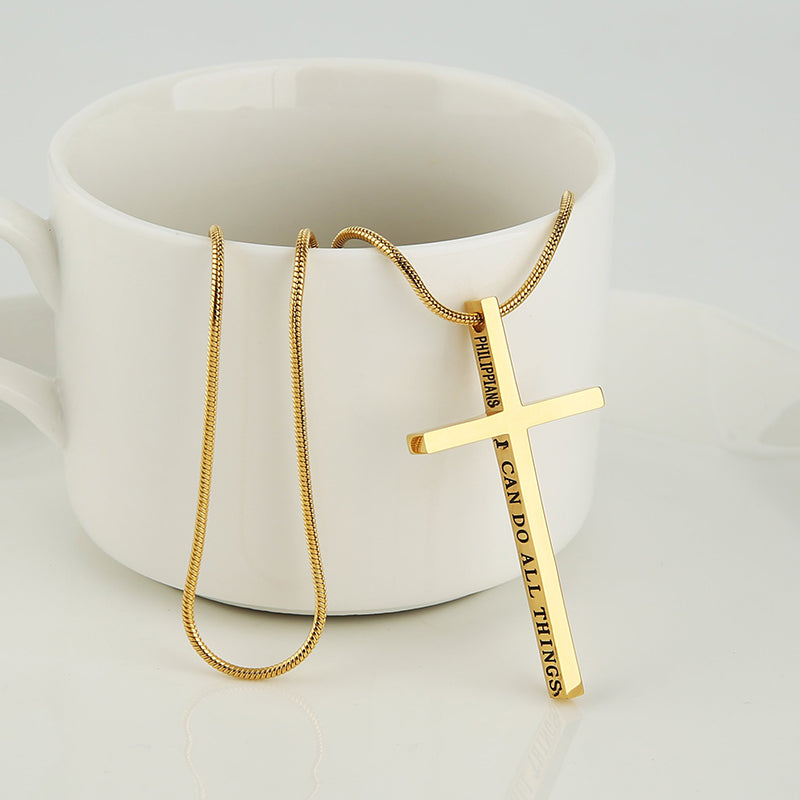 Philippians 4:13 Cross Pendant Strength Bible Verse Stainless Steel Necklace
