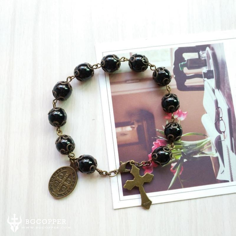 Vintage Saint Benedict Medal Cross Rosary Bracelet - BGCOPPER