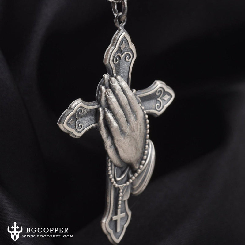 Pure Tin Praying Hand and Crucifix Pendant Necklace - BGCOPPER