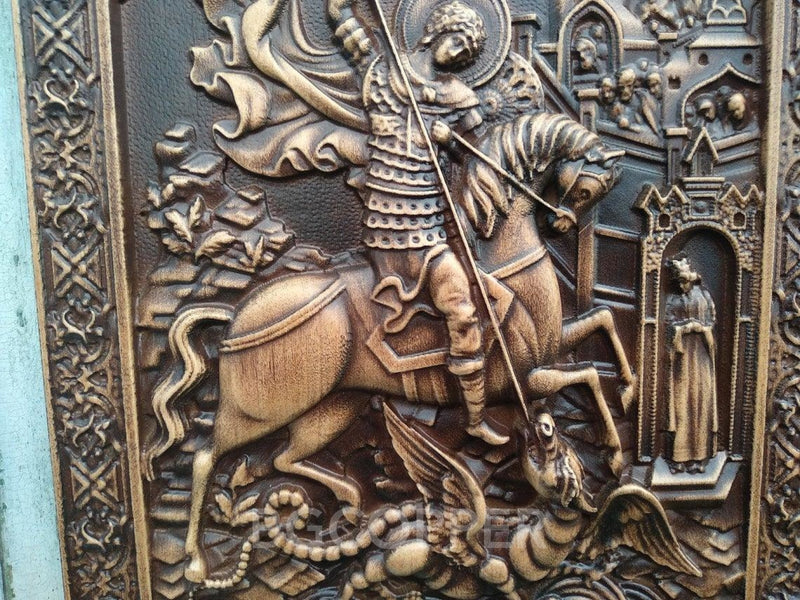 Saint George Wood carved icon of the Victorious Wooden carved icon Gift for family Carved Wooden gift Christian icon - BGCOPPER