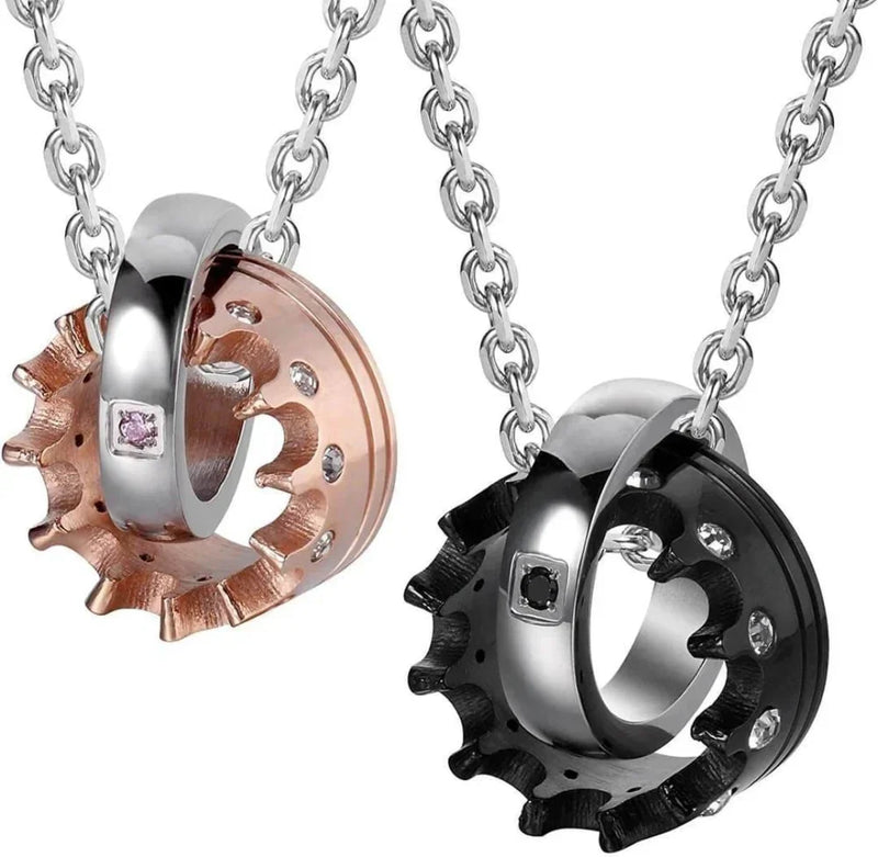 thumbnail image 2 of His Queen Her King Interlocking Ring Necklace – Stainless Steel Couple Pendant With CZ Stone – Gift Bag Included 2 of 6
