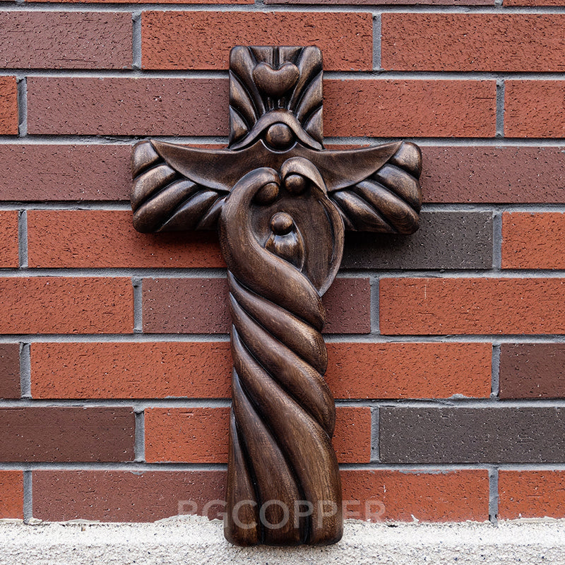 Holy Family wood icon decoration, Joseph, Mary, Baby Jesus, carved wooden cross, wall decoration