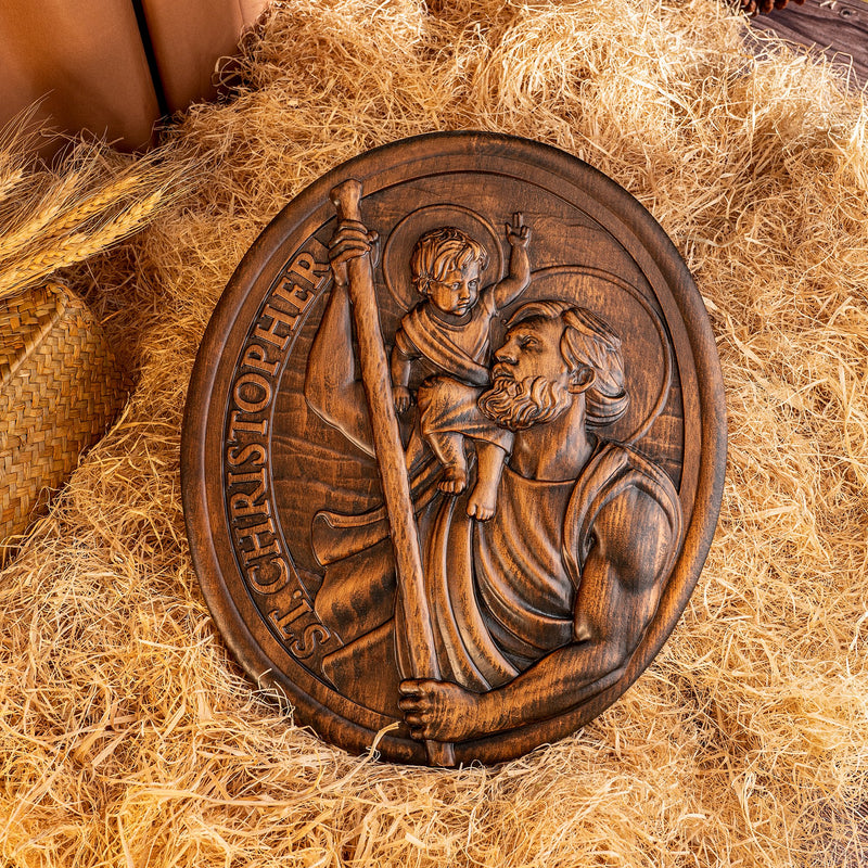 St.Christopher Christian Wood Carving Plaque/The patron saint of