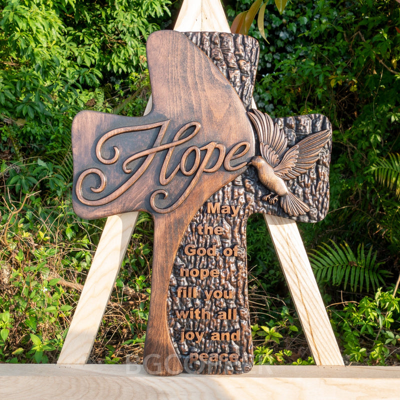 Ornate "Love" "Faith" "Hope" Wooden Cross, Solid Wood Cross