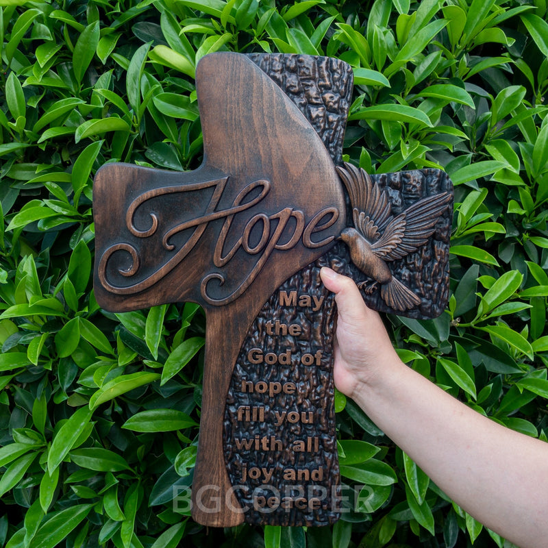 Ornate "Love" "Faith" "Hope" Wooden Cross, Solid Wood Cross