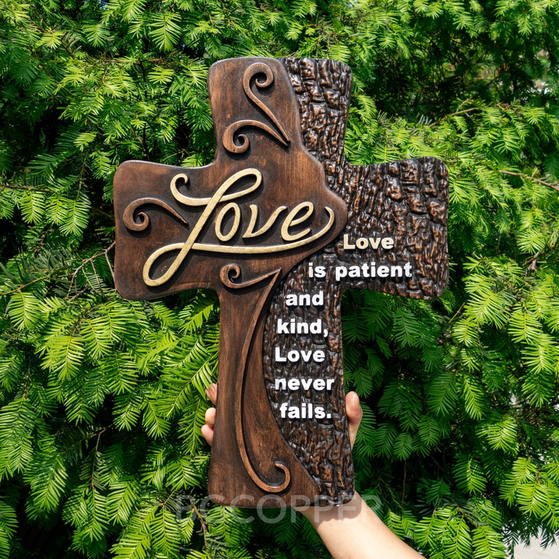 Ornate "Love" "Faith" "Hope" Wooden Cross, Solid Wood Cross
