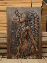 Native American Woman and Wolf Wood Carving Decor - Engraved on Natural Wood